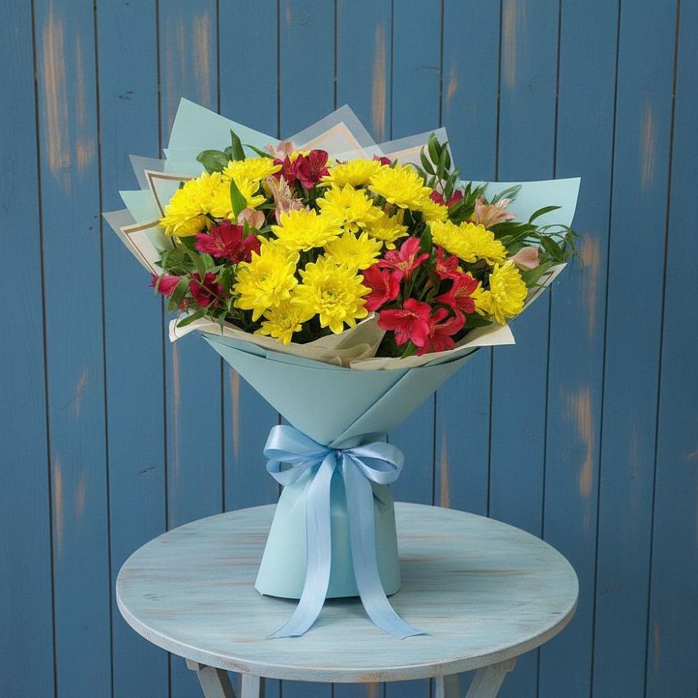 Букет цветов из: Альстромерии и Хризантемы в Рыболово
