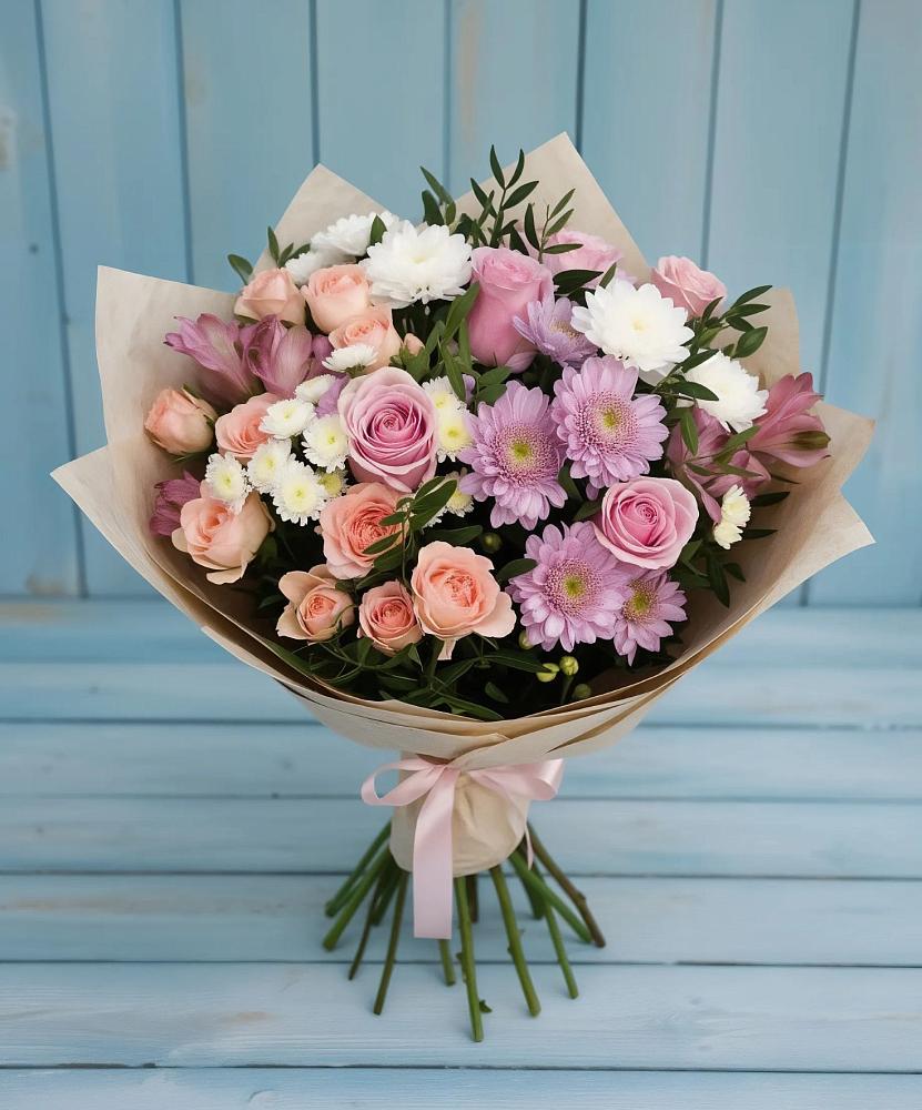 Букет цветов из: Хризантемы, Розы и Альстромерии в Рыболово