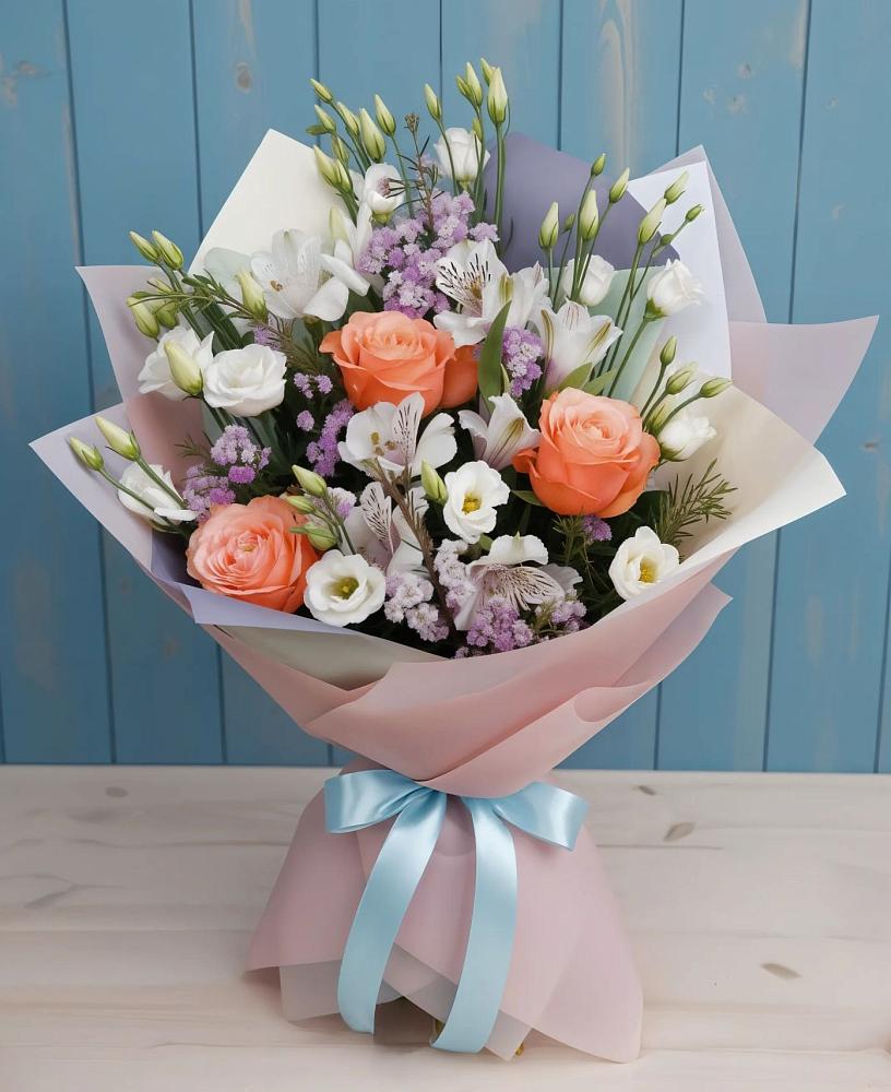 Букет цветов из: Лизиантусы, Розы, Альстромерии и Гипсофила в Рыболово