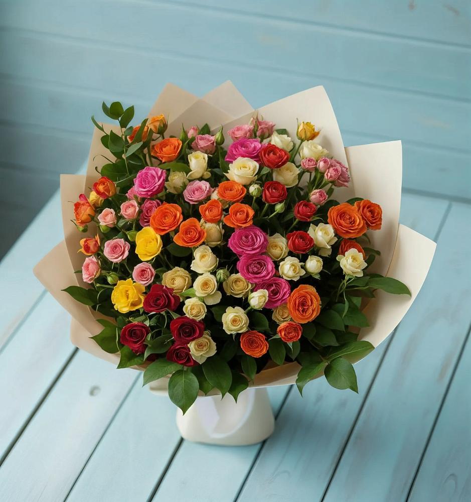 Букет Микс из разноцветных кустовых роз в Рыболово