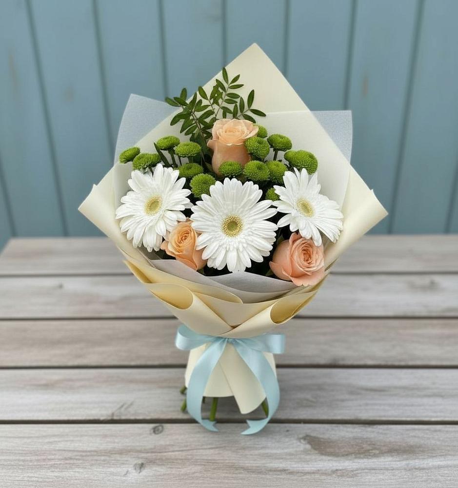 Букет цветов из: Герберы, Розы и Хризантемы в Рыболово